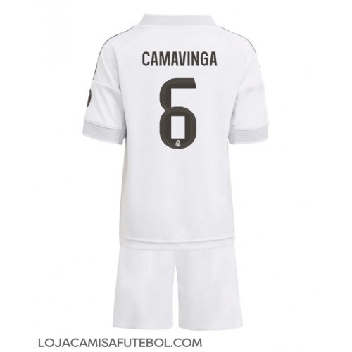 Camisa de Futebol Real Madrid Eduardo Camavinga #6 Equipamento Principal Infantil 2025-26 Manga Curta (+ Calças curtas)